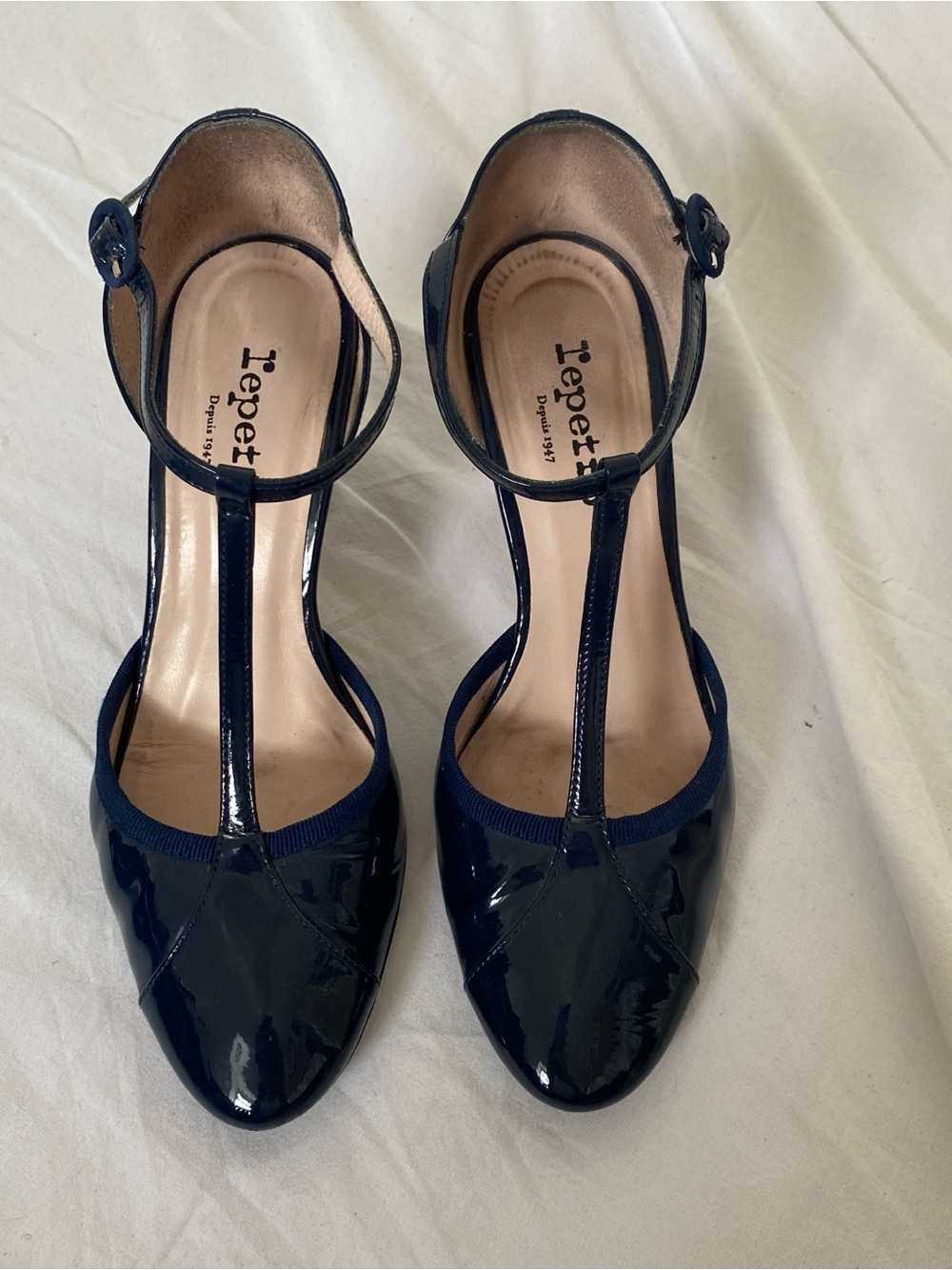 Repetto Navy Patent Leather T-Strap Heels